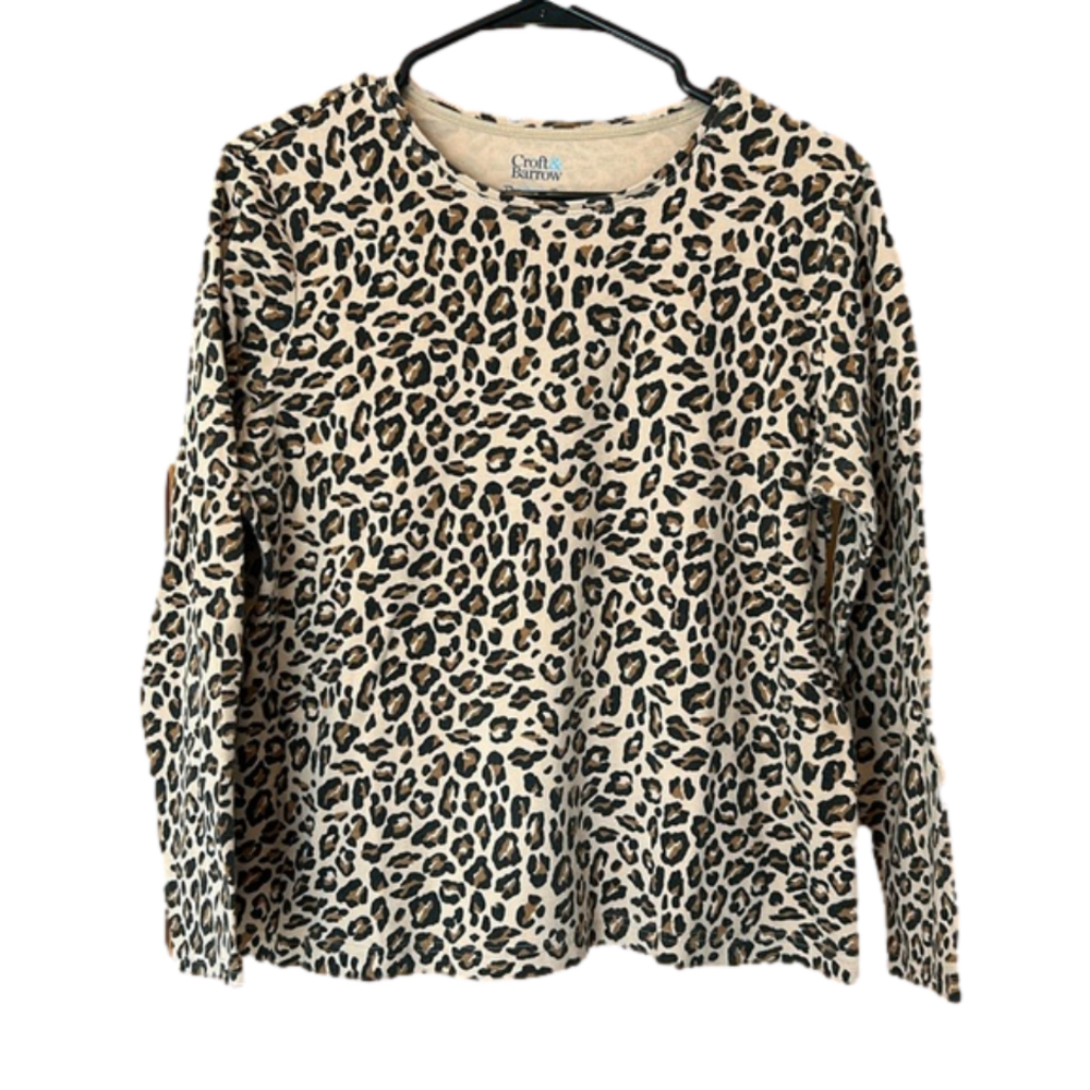 Croft & Barrow Classic Long Sleeve Tee Crew Neck Leopard Pattern Size Large
